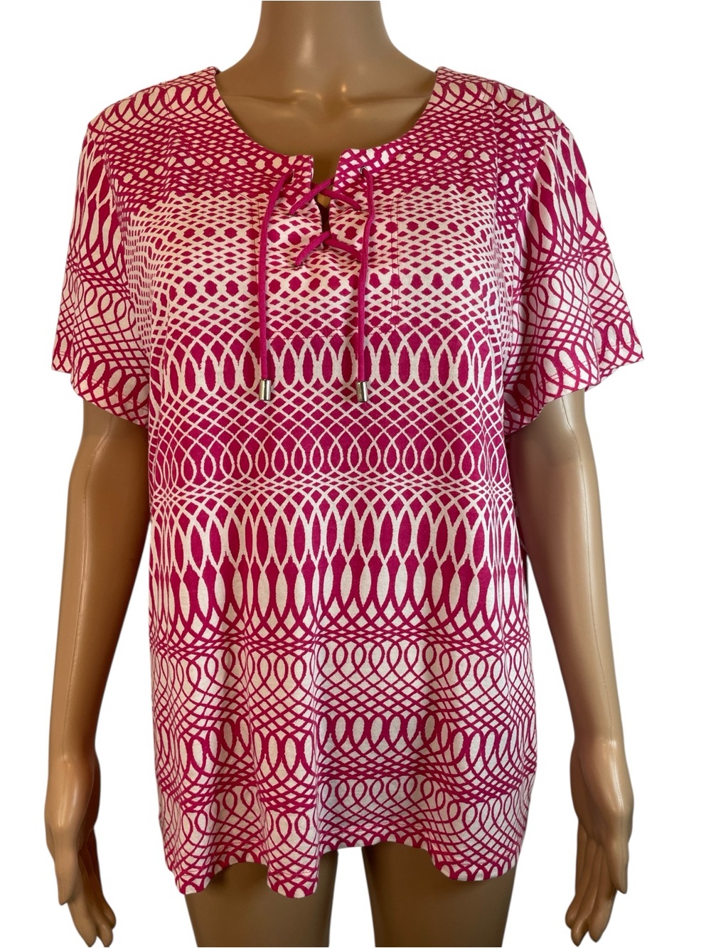 Chico’s Women’s Pink Patterned Lace-Up Neck Top size 3